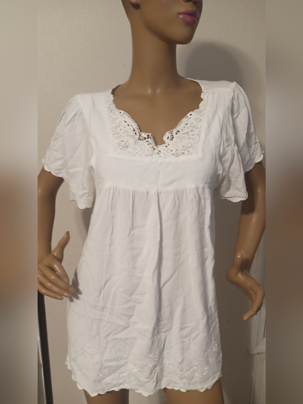 Nine West White Lace-Trim Peasant Tunic Top
